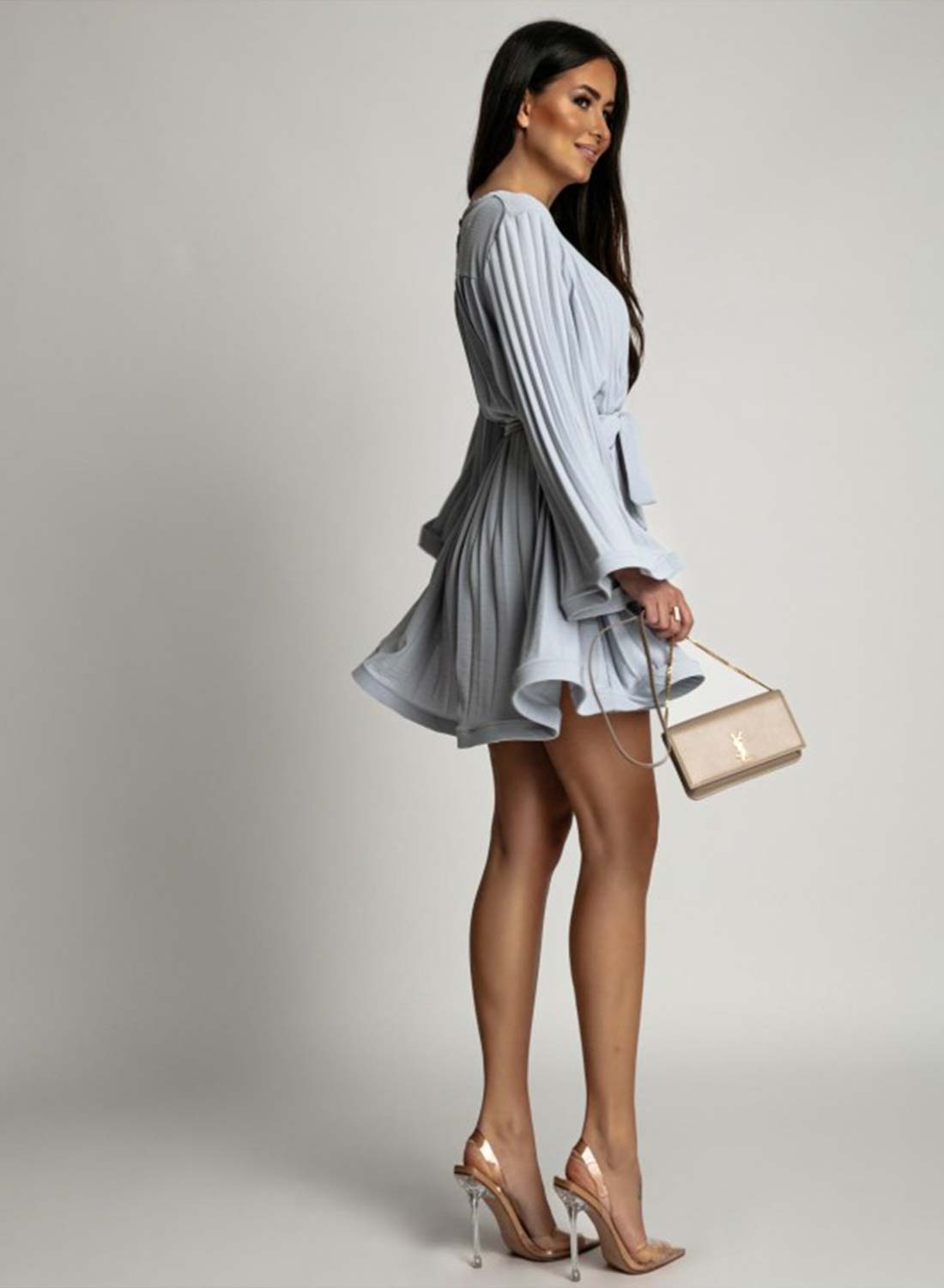 Pleated grey dress with waist tie