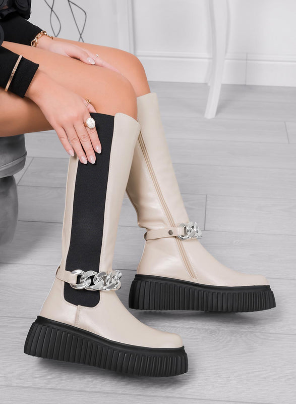 LARA - Stivali beige Alexoo con elastico e catena removibile