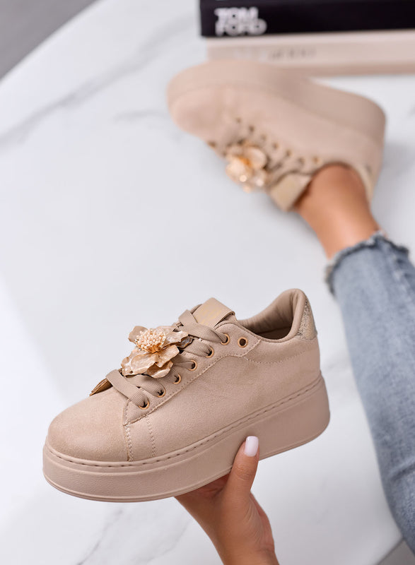 IVON - Sneakers platform beige con Fiore Decorativo