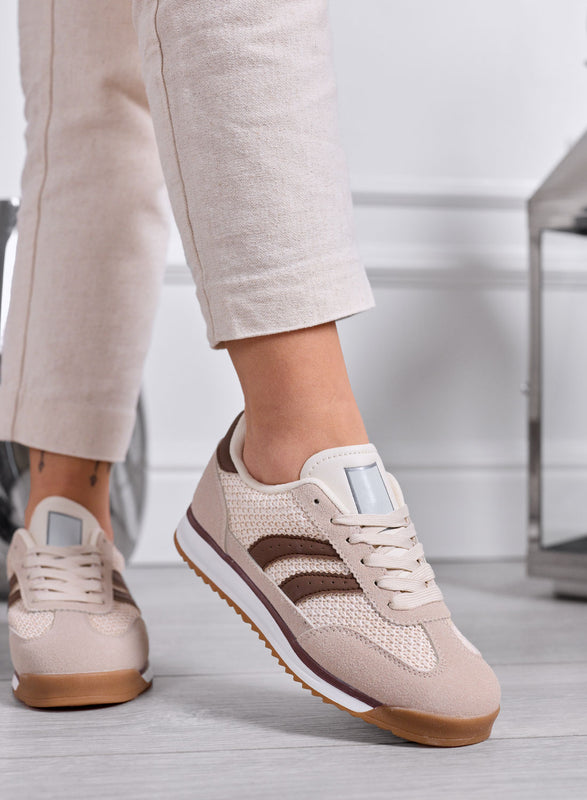 PIERA - Sneakers beige in tessuto con dettagli marroni e suola in gomma