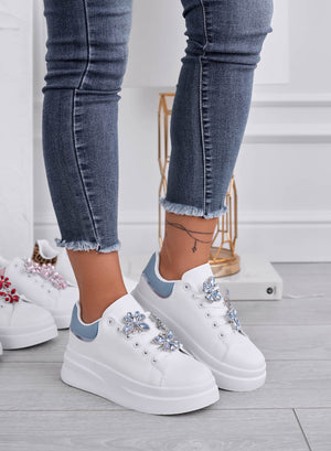 IRENE - White sneakers with blue heel and jeweled butterflies