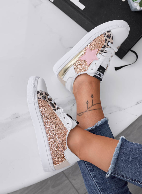 ETHEL - Sneakers bianche con stella e inserti glitter oro rosa