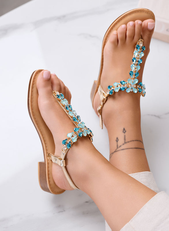 DAFNE - Sandali infradito Gioiello oro con Strass azzurri