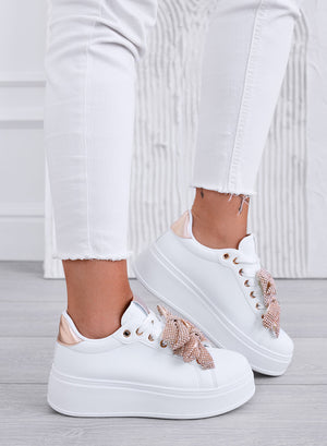 DEZZY - White sneakers with rose gold rhinestone bows