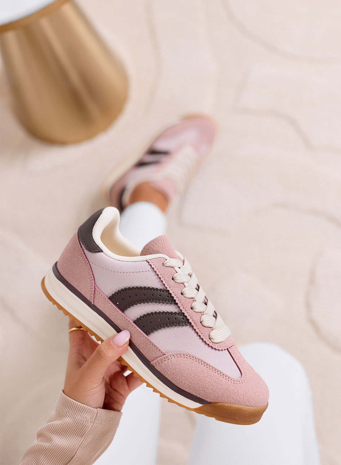 PIERA - Sneakers rosa in tessuto con dettagli marroni e suola in gomma