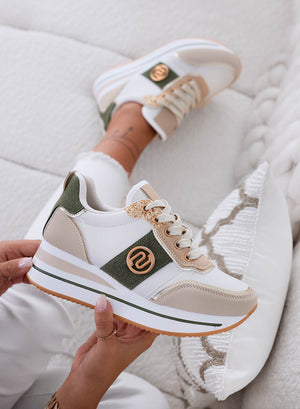 LOPEZ - Beige sneakers with contrasting green panels and gold glitter