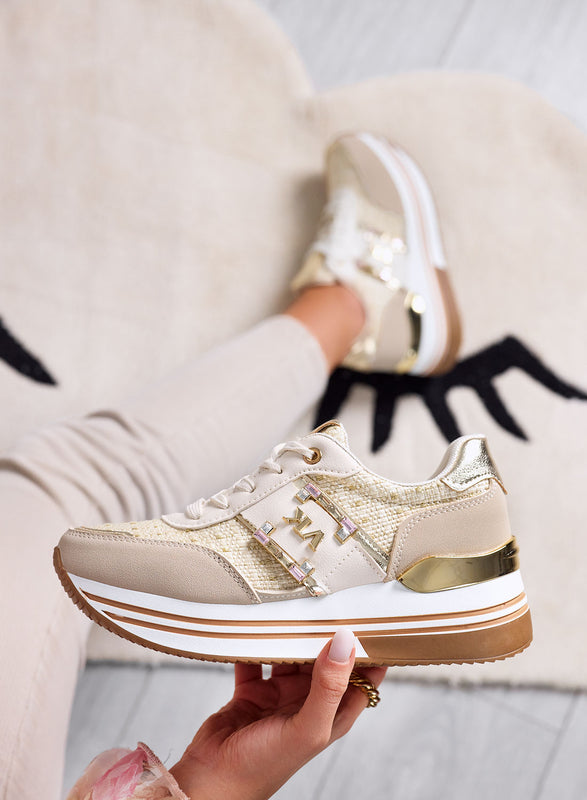 ASIA - Sneakers beige con inserti in tessuto laminato oro