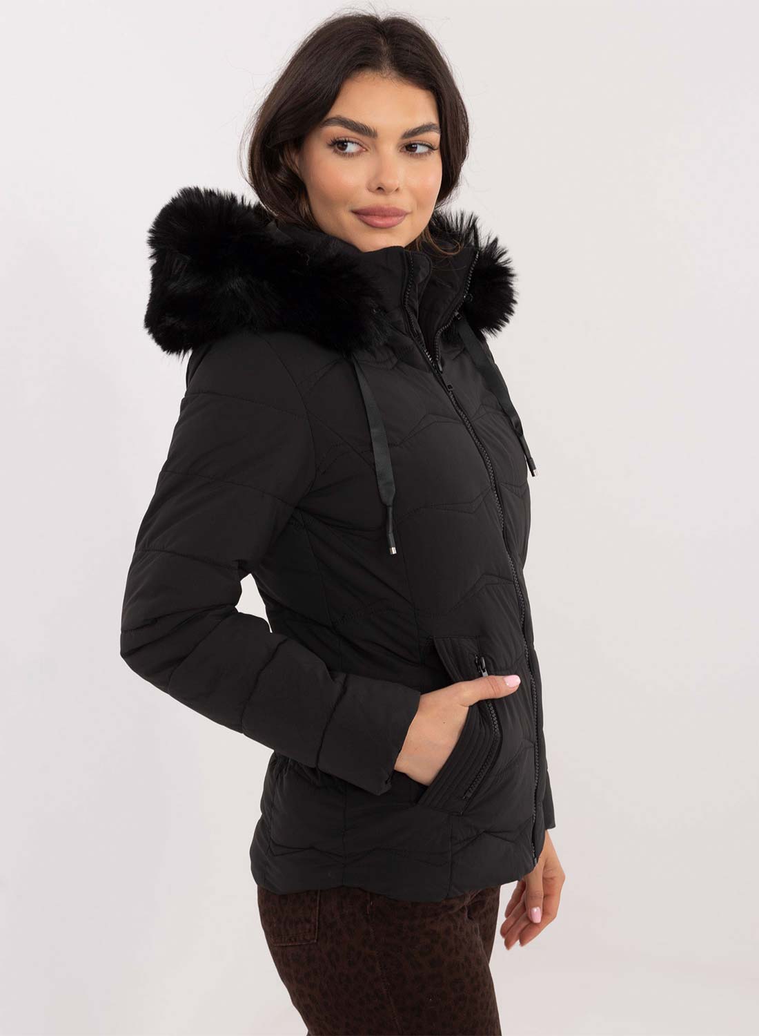 Short black padded jacket with faux fur hood