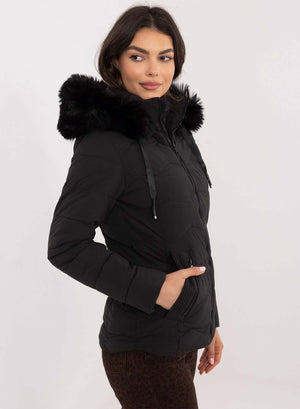 Short black padded jacket with faux fur hood