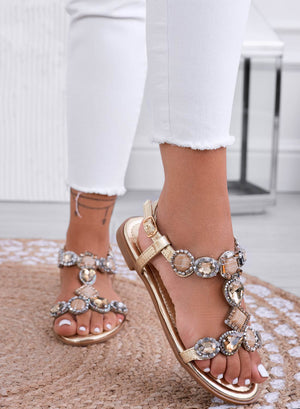 CLARINDA - Gold flat sandals with stones