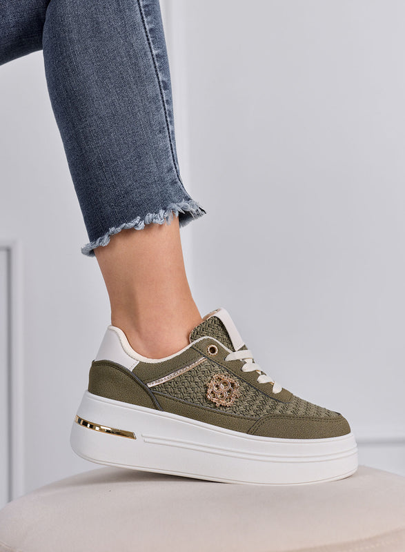 CLARA - Sneakers verdi Platform con Inserti Intrecciati e Dettagli Oro