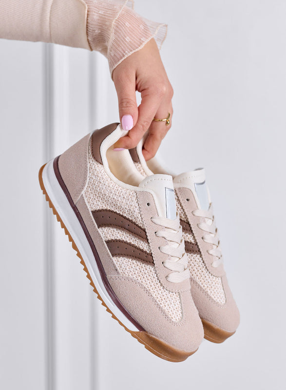 PIERA - Sneakers beige in tessuto con dettagli marroni e suola in gomma