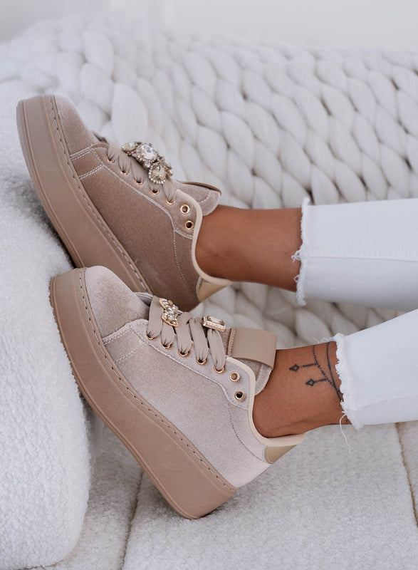 MILA - Sneakers beige in velluto con applicazione gioiello