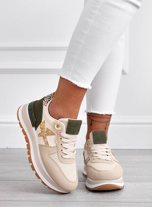 TYLER - Beige sneakers with green inserts and gold glitter