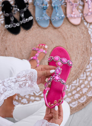 BETHANY - Fuchsia flat sandals with jewel stones