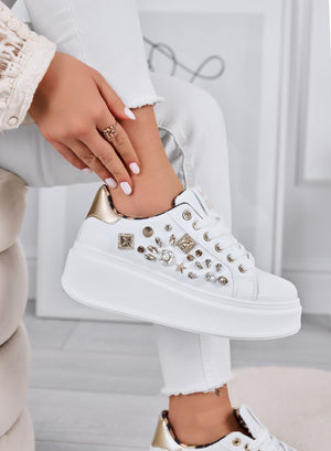 KELLY - Sneakers bianche con zeppa e applicazioni gioiello oro