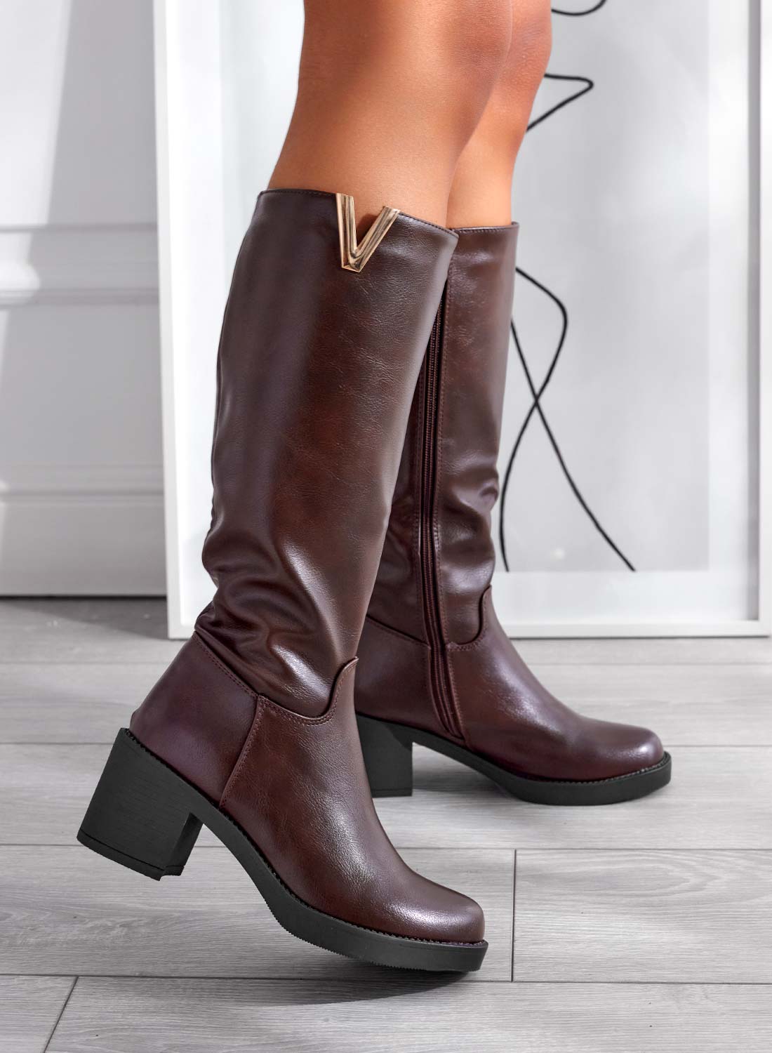 ALICE - Brown faux leather boots with comfortable block heel