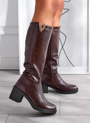 ALICE - Brown faux leather boots with comfortable block heel