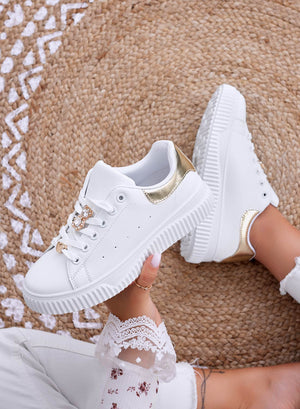 BEVERLY - White sneakers with jeweled teddy bear and gold heel