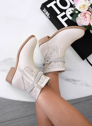 KATE - Beige perforated ankle boots with jeweled band