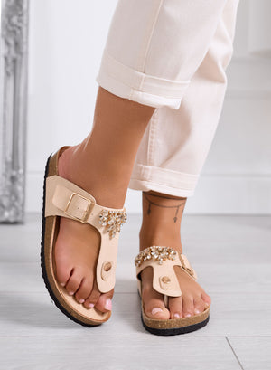 MALDITA - Beige Flip-Flop Sandals with Rhinestones and Cork Sole