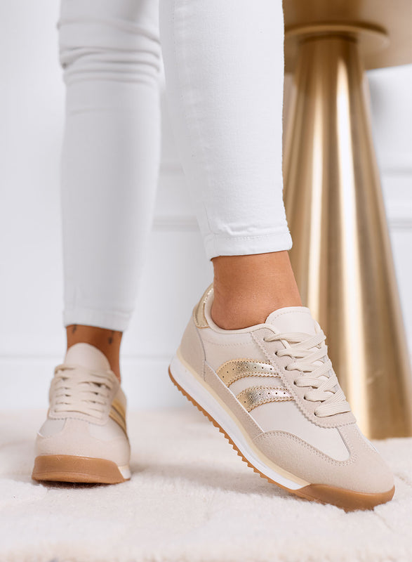 PIERA - Zapatillas beige de tela con detalles dorados y suela de goma