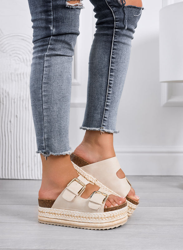DANIEL - Sandali beige ciabatte platform con doppia fibbia e suola in corda