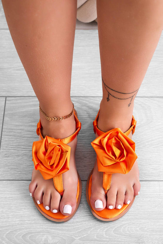 KETA - Sandali arancione infradito in raso con fiore