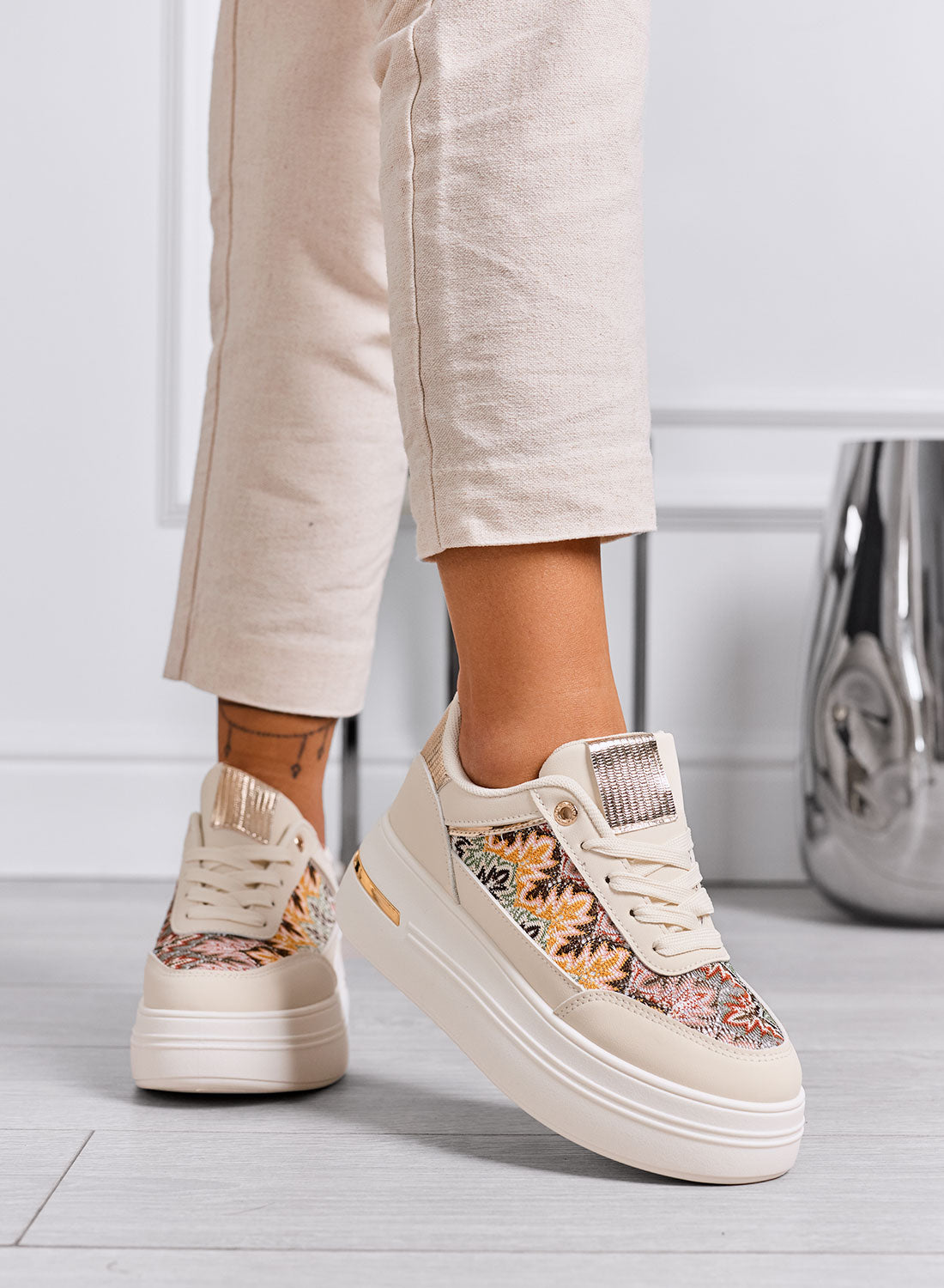 PRAGA - Beige platform sneakers with patterned fabric inserts