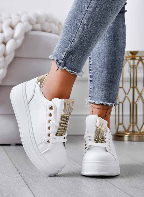 AMIRA - Sneakers bianche con inserti e strass oro