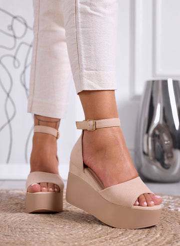 PENNY - Sandali beige platform scamosciati con cinturino alla caviglia