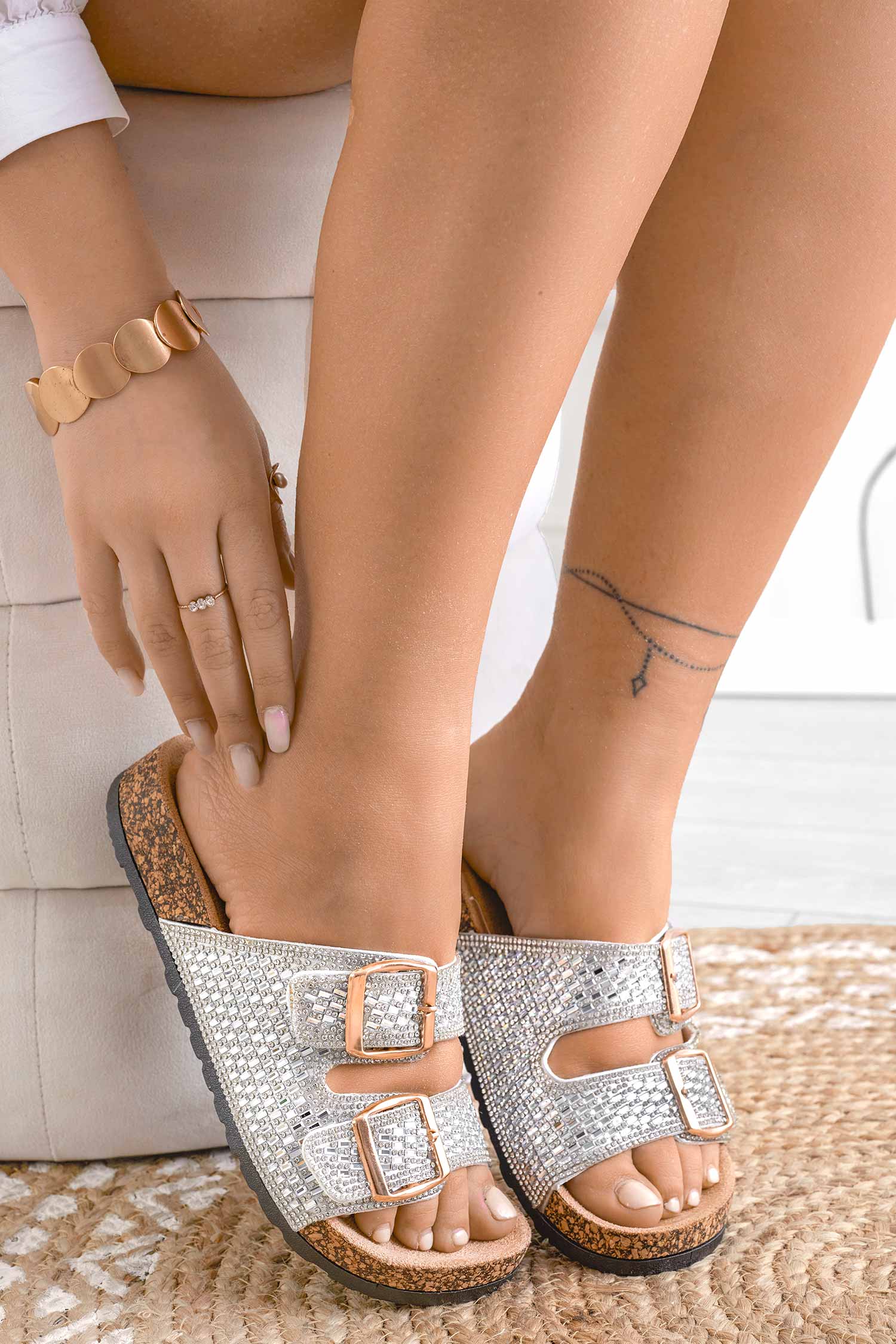 VACATION - Sandales mules bijoux avec semelle effet liège argenté Alexoo