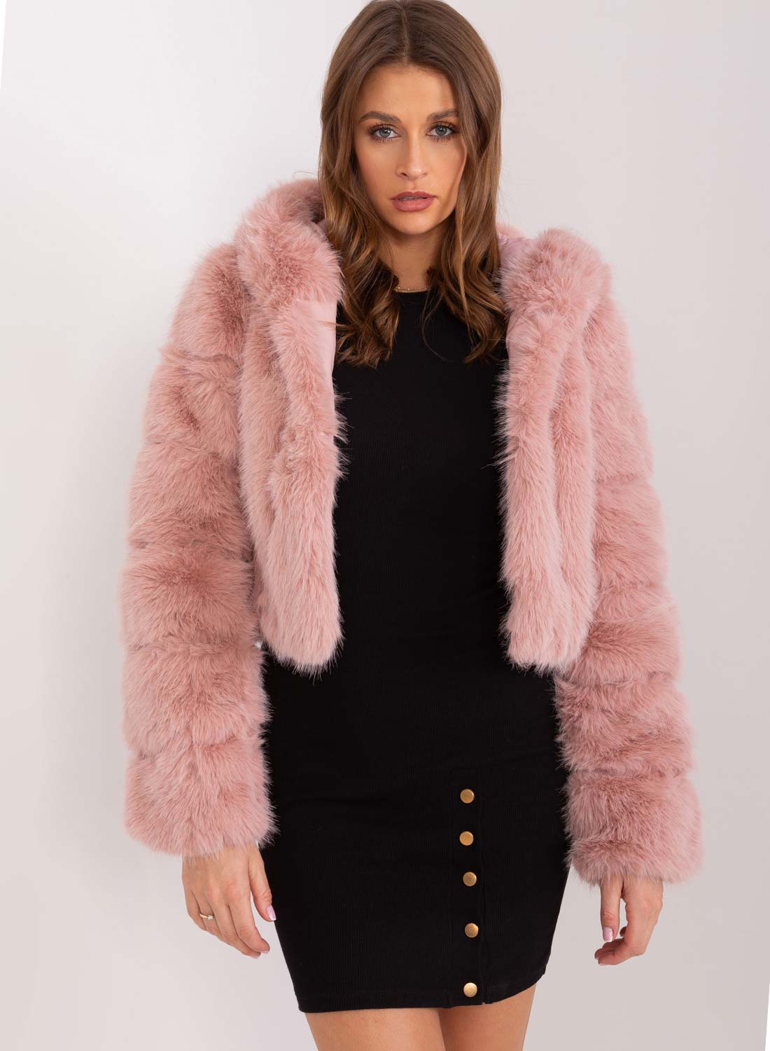 Short faux fur jacket with long pink hair hood