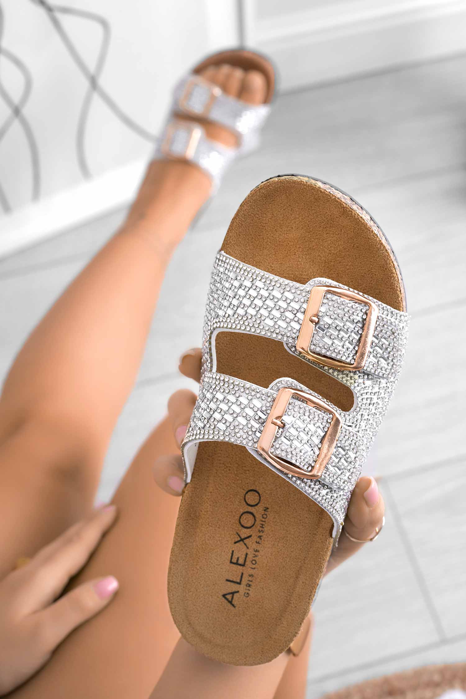 VACATION - Sandales mules bijoux avec semelle effet liège argenté Alexoo