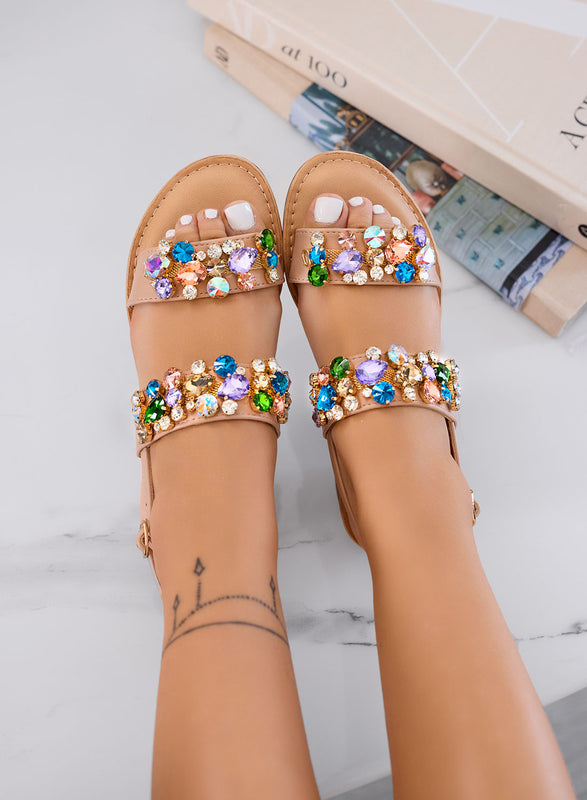VITTORIA - Sandali beige gioiello con tacco basso e strass multicolor