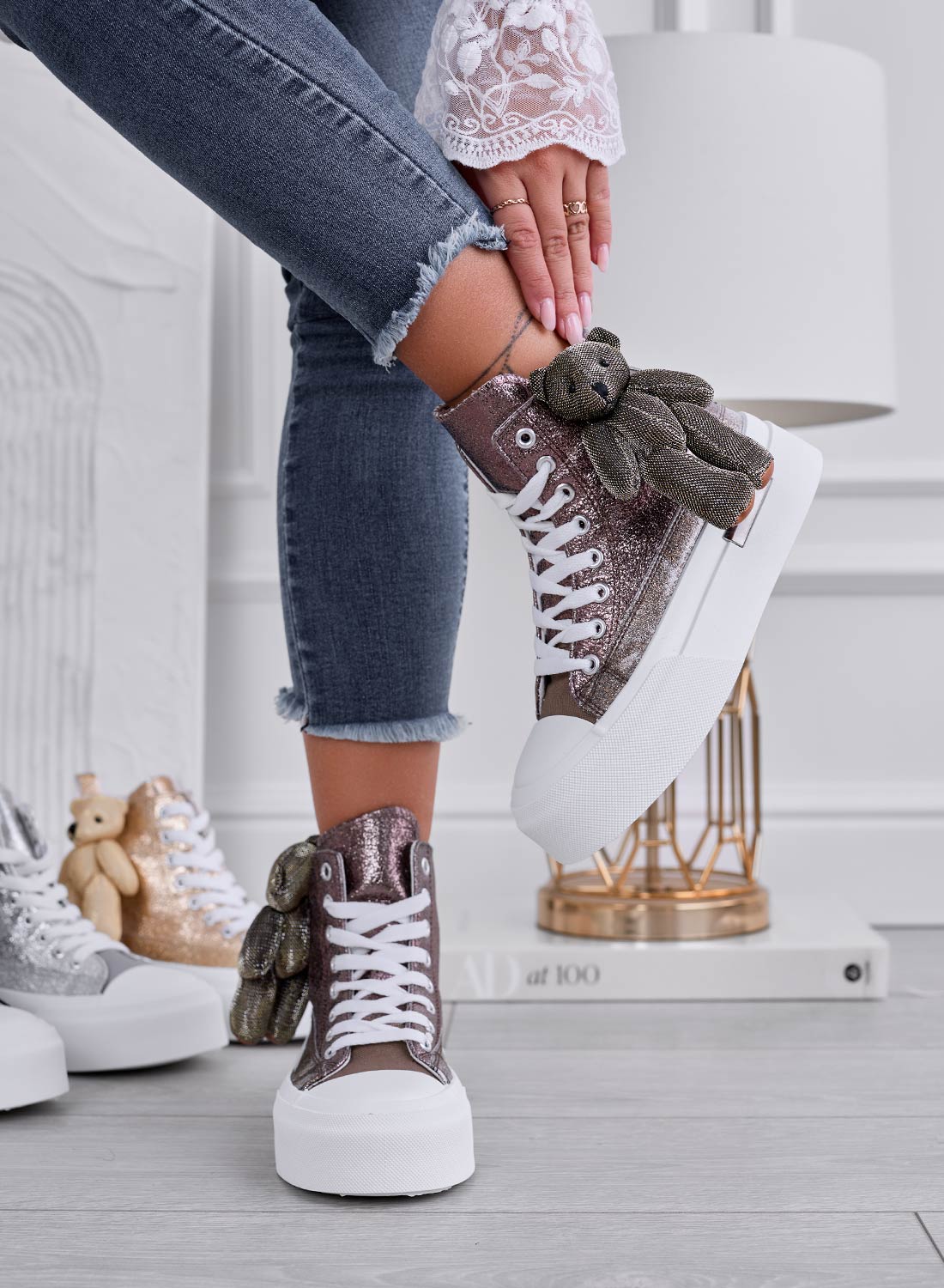 MARICA - Bronze laminated sneakers with teddy plush