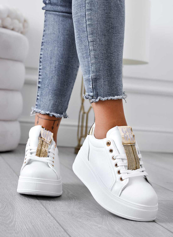 AMIRA - Sneakers bianche con inserti e strass oro