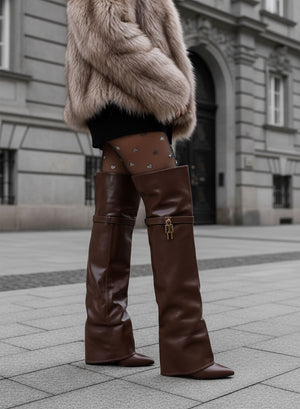 STEFANY - Brown high boots with block heel and gold padlock