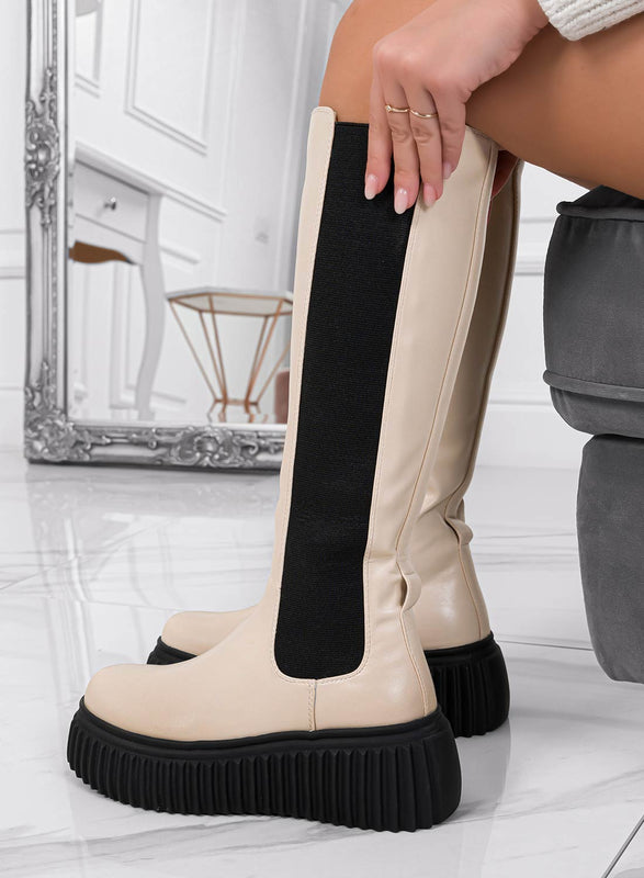 LARA - Stivali beige Alexoo con elastico e catena removibile