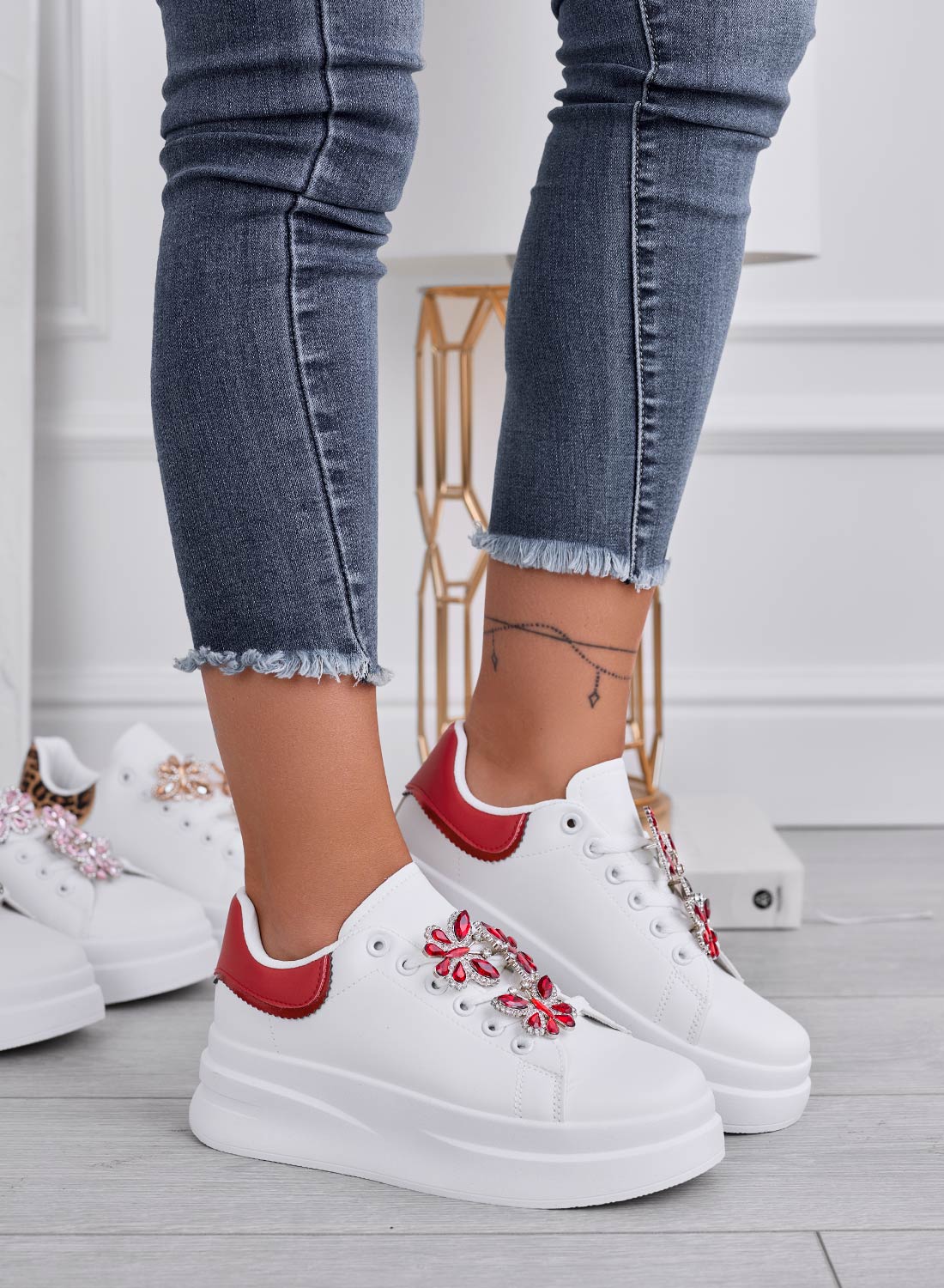 IRENE - White sneakers with red heel and jeweled butterflies