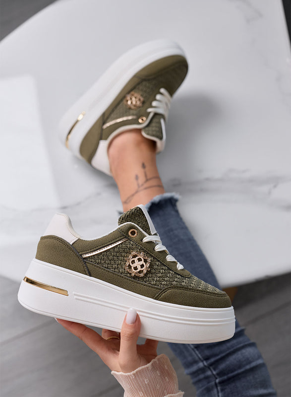 CLARA - Sneakers verdi Platform con Inserti Intrecciati e Dettagli Oro