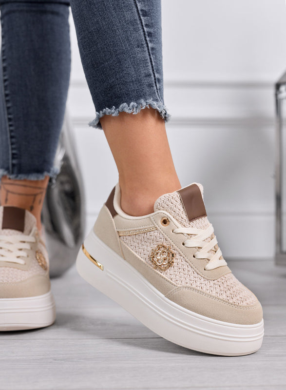 CLARA - Sneakers beige Platform con Inserti Intrecciati e Dettagli Oro