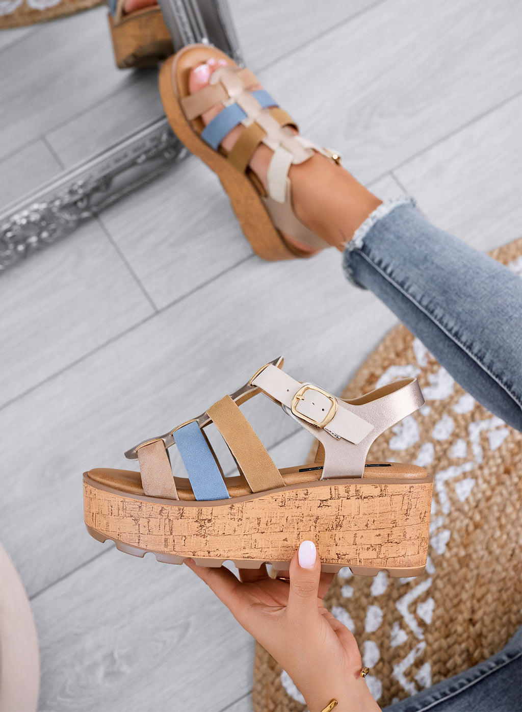MATILDE - Sandali multicolor con zeppa platform effetto sughero