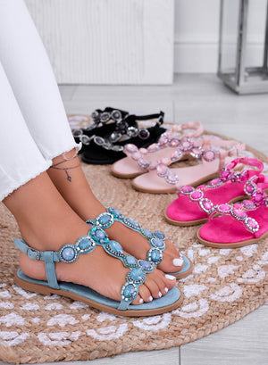 BETHANY - Light blue flat sandals with jeweled stones