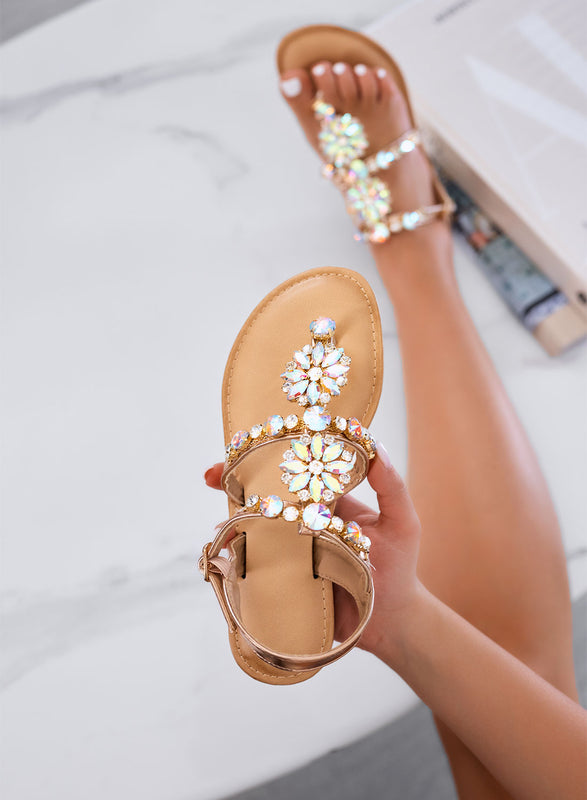 GIULY - Sandali oro rosa bassi con pietre gioiello irridescenti