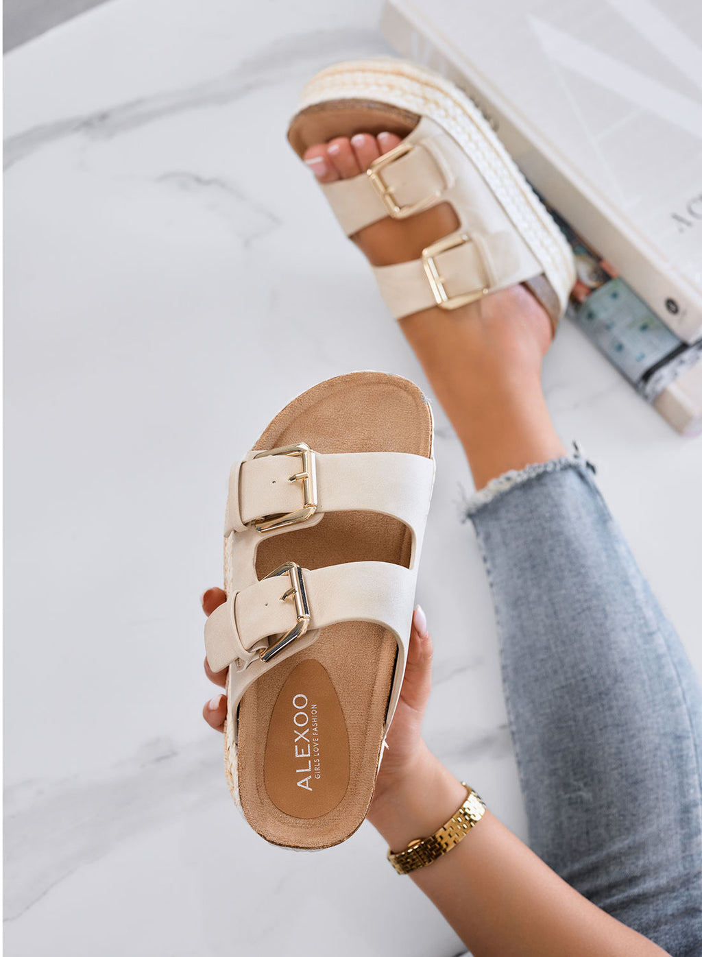 DANIEL - Sandali beige ciabatte platform con doppia fibbia e suola in corda