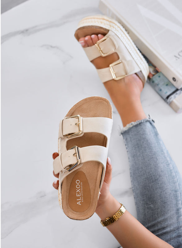 DANIEL - Sandali beige ciabatte platform con doppia fibbia e suola in corda