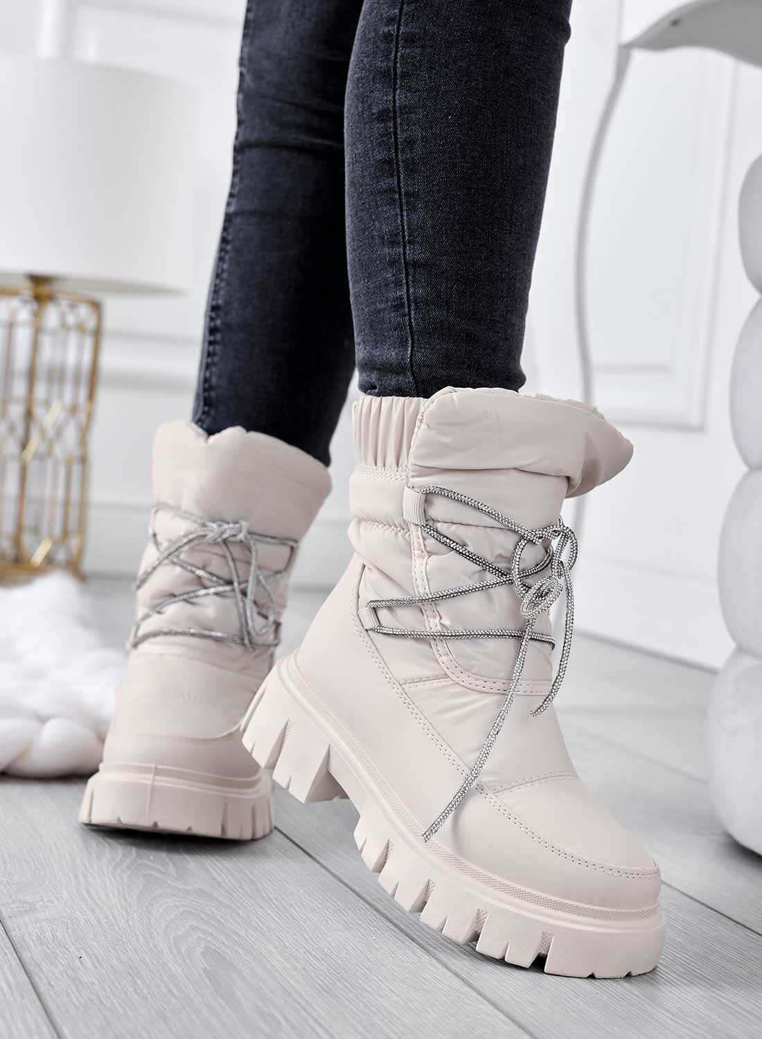 TINA - Beige padded ankle boots with rhinestone laces