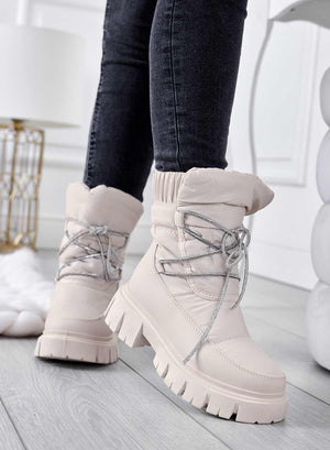 TINA - Beige padded ankle boots with rhinestone laces