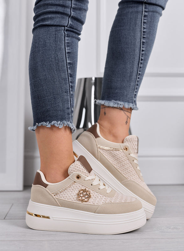 CLARA - Sneakers beige Platform con Inserti Intrecciati e Dettagli Oro
